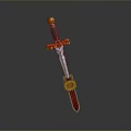 Decorative Medieval Sword With Black Hilt Golden Accents And Red Scabbard Design