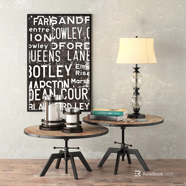 Rustic Round Coffee Tables With Wooden Top Metal Legs Decorative Lamp Books And Candle Holders 3d model 