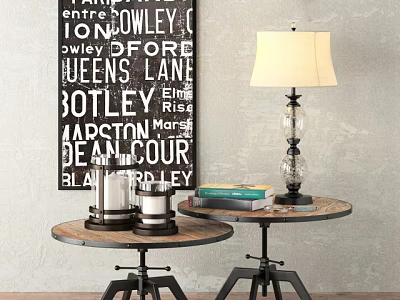 Rustic Round Coffee Tables With Wooden Top Metal Legs Decorative Lamp Books And Candle Holders 3d model