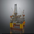 Offshore Oil Drilling Platform With Tall Rig Cranes And Yellow Pillars