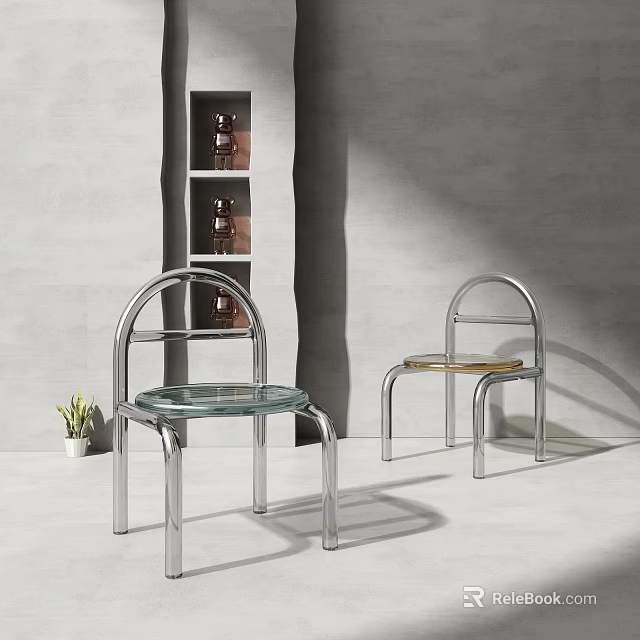 Modern Leisure Chairs with Chrome Metal Frames and Transparent Glass Seats in Minimalist Interior 3d model 