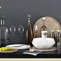 Elegant Tableware Set With Wooden Tray Glass Wine Glasses Ceramic Bowls And Decorative Plant