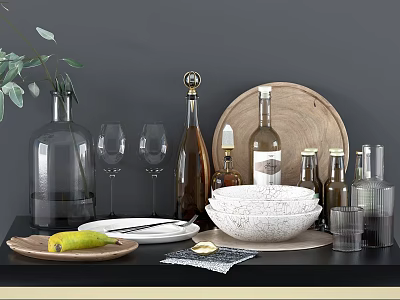 Elegant Tableware Set With Wooden Tray Glass Wine Glasses Ceramic Bowls And Decorative Plant 3d model