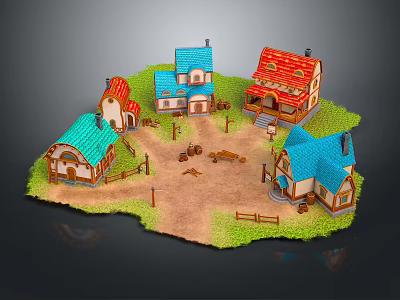 Charming Cartoon Village Scene with Colorful Roofs Small Houses Green Grass Dirt Path and Wooden Fences 3d model