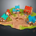 Charming Cartoon Village Scene with Colorful Roofs Small Houses Green Grass Dirt Path and Wooden Fences