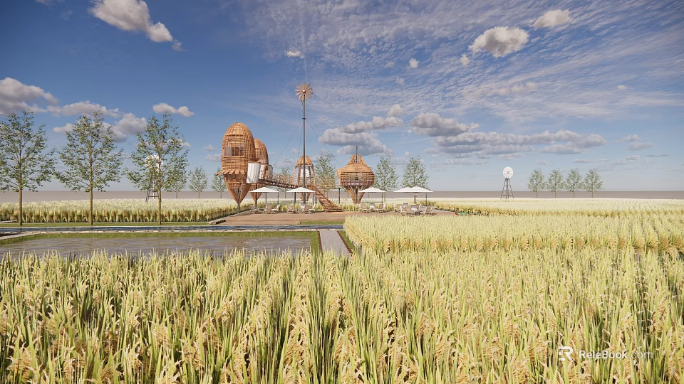 Rural Landscape With Golden Rice Fields Dome Shaped Buildings Windmill And Blue Sky 3d model 