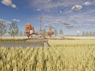 Rural Landscape With Golden Rice Fields Dome Shaped Buildings Windmill And Blue Sky 3d model
