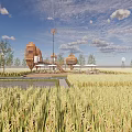 Rural Landscape With Golden Rice Fields Dome Shaped Buildings Windmill And Blue Sky