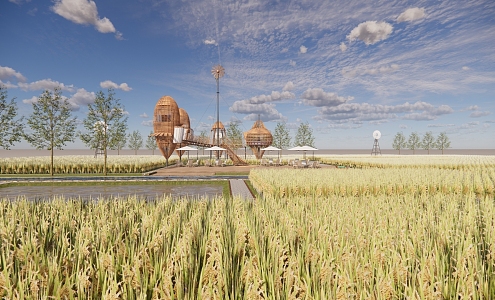 Modern paddy rural agricultural landscape 3d model