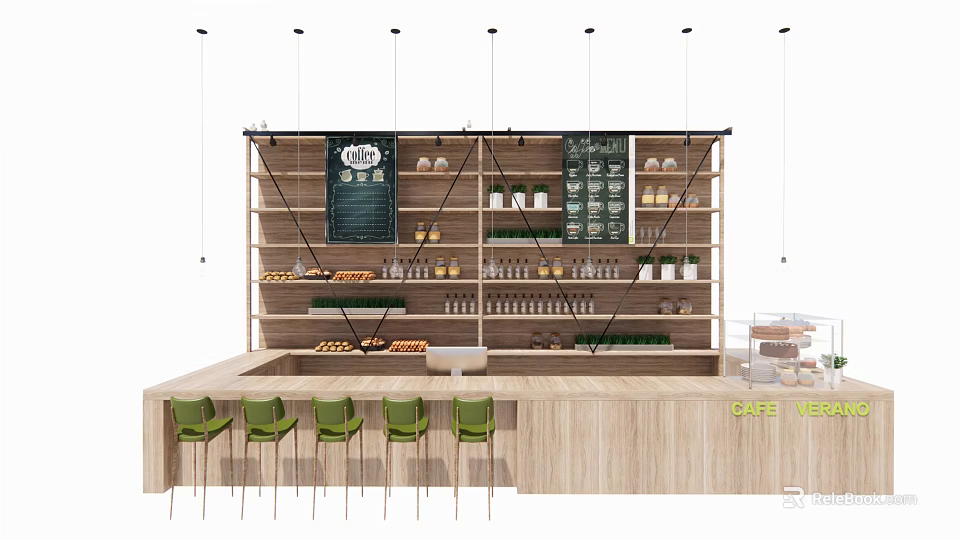 Wooden Cafe Reception Counter With Green Chairs Shelves Items And Menu 3d model 