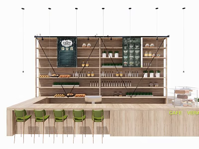 Wooden Cafe Reception Counter With Green Chairs Shelves Items And Menu 3d model