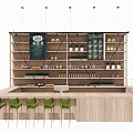 Wooden Cafe Reception Counter With Green Chairs Shelves Items And Menu