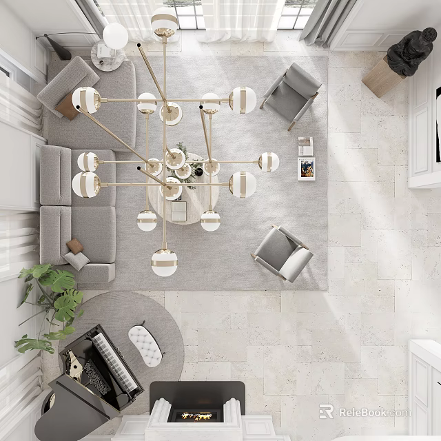 Modern Loft Living Room With Chandelier Gray Sofas Rug And Plants 3d model 