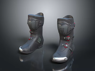 Black Motorcycle Boots With Protective Design Metallic Toe Caps Red Accents And Modern Styling 3d model