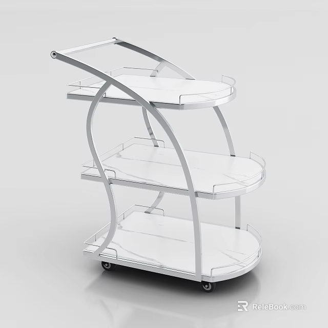 Three Tier White Rolling Cart With Transparent Trays And Metal Frame 3d model 
