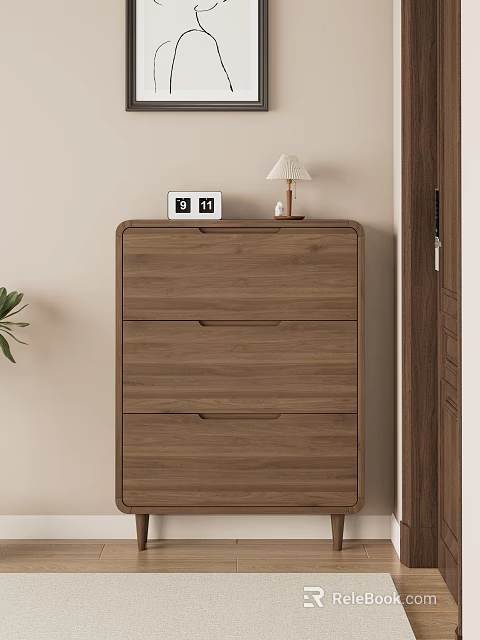 Modern Wooden Shoe Cabinet With Drawers And Table Lamp Near Wall Clock And Potted Plant 3d model 