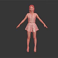 Woman In Sleeveless Top And Patterned Skirt With Arms Outstretched On Gray Background
