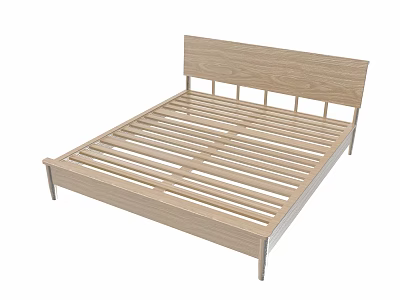 Modern Wooden Double Bed Frame with Slatted Base and Simple Headboard 3d model