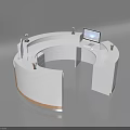 Modern Curved Reception Desk With White And Wooden Finish Featuring Logo Computer And Decorative Items