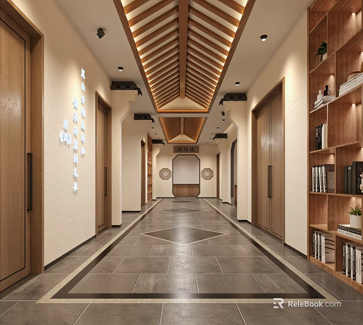 Hotel Corridor With Wooden Ceiling Wooden Doors And Built In Bookshelves 3d model 