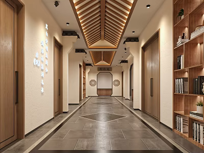 Hotel Corridor With Wooden Ceiling Wooden Doors And Built In Bookshelves 3d model