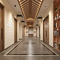 Hotel Corridor With Wooden Ceiling Wooden Doors And Built In Bookshelves