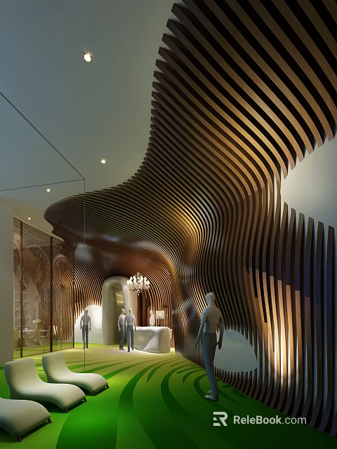 Modern Hotel Lobby With Curved Wooden Slats Chandelier And Reception Desk 3d model 