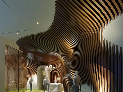 Modern Hotel Lobby With Curved Wooden Slats Chandelier And Reception Desk 3d model