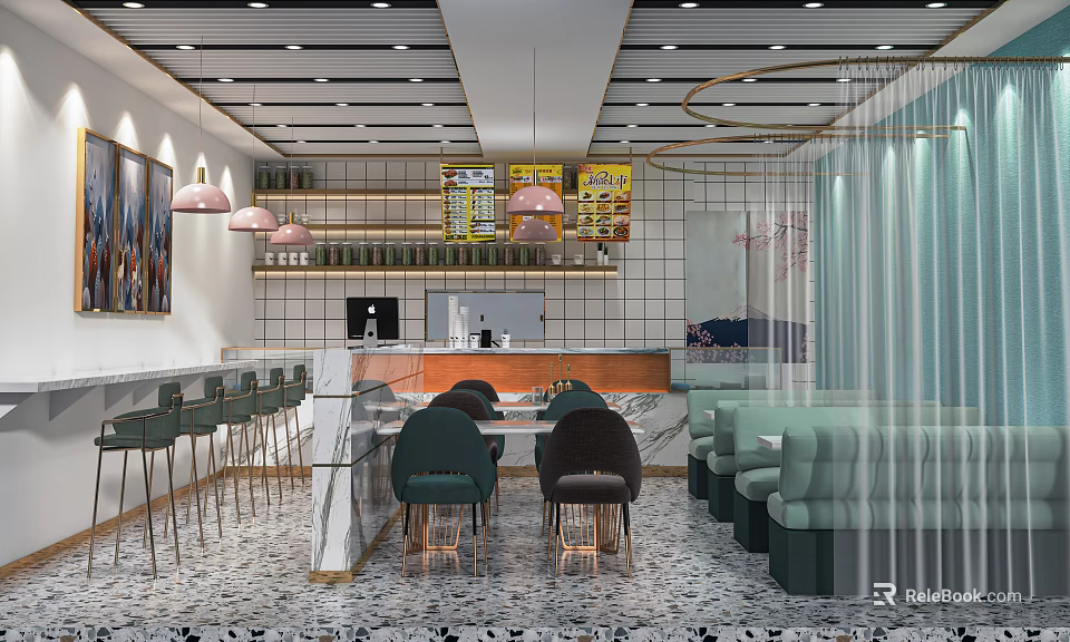 Elegant Modern Bubble Tea Shop Interior With Open Bar Green Seats And Marble Countertop 3d model 