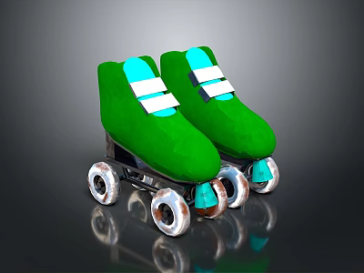 Stylish Green Roller Skates with White Straps Silver Wheels and Blue Details 3d model