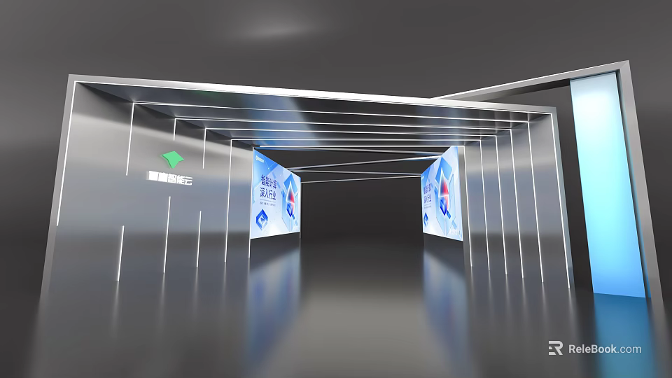 Modern Event Entrance Design Featuring Digital Screens LED Lights And Brand Logos 3d model 