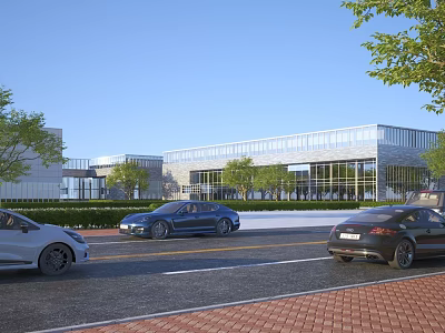 Modern Glass Facade Office Building With Greenery Along Street And Cars Driving By 3d model
