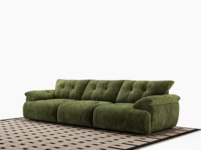 Green Velvet Three Seater Sofa With Tufted Design On Black And White Checkered Rug 3d model