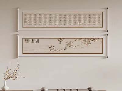 Traditional Chinese Scroll Paintings with Calligraphy and Flower Branch Artwork Near Vase and Tea Set 3d model