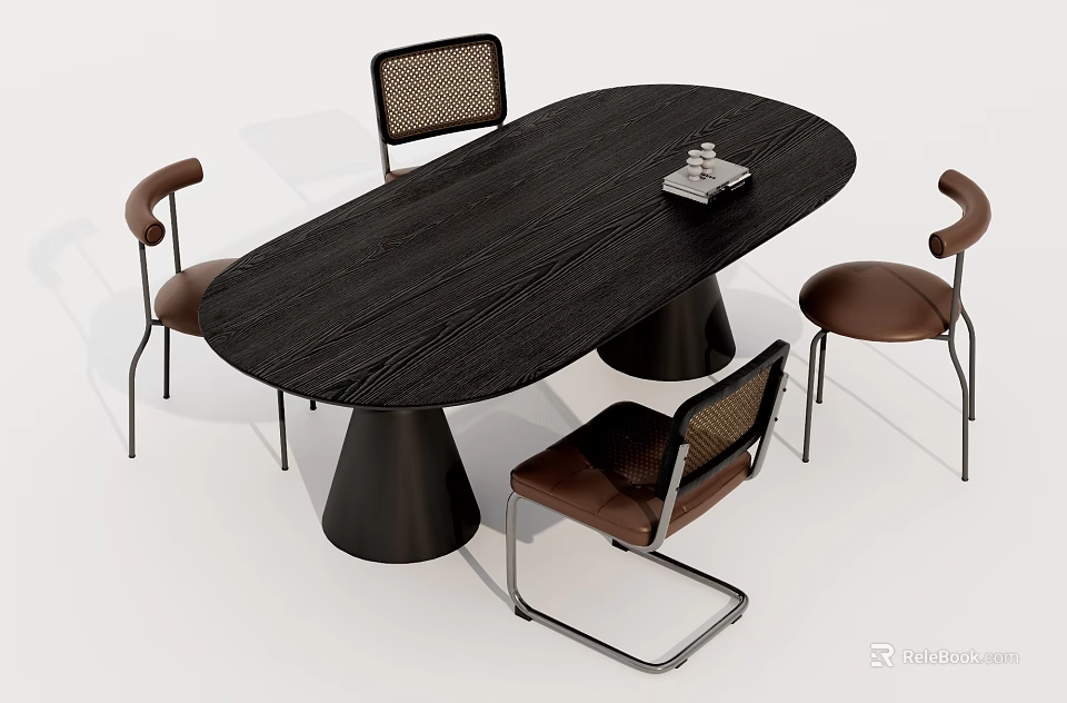 Modern Oval Black Wooden Dining Table Set With Four Brown Metal Frame Chairs 3d model 