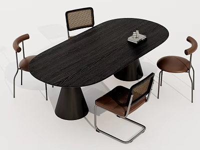 Modern Oval Black Wooden Dining Table Set With Four Brown Metal Frame Chairs 3d model