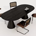 Modern Oval Black Wooden Dining Table Set With Four Brown Metal Frame Chairs