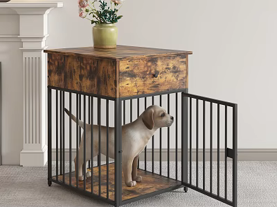 Decorative Ornament Set with Puppy Figurine Flower Pot Wooden Drawer Cabinet Metal Cage and Flowers 3d model