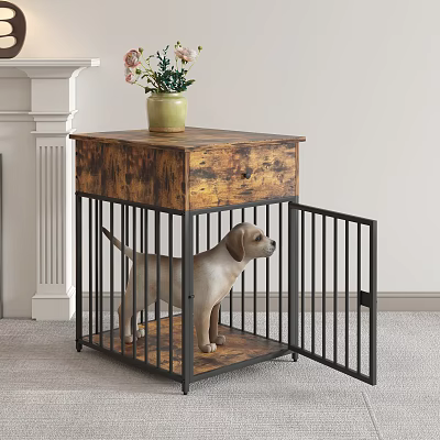 Decorative Ornament Set with Puppy Figurine Flower Pot Wooden Drawer Cabinet Metal Cage and Flowers 3d model