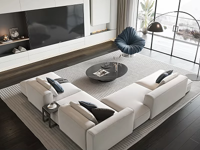 Modern White Sofa and Round Coffee Table Set with Throw Pillows in Spacious Living Area 3d model