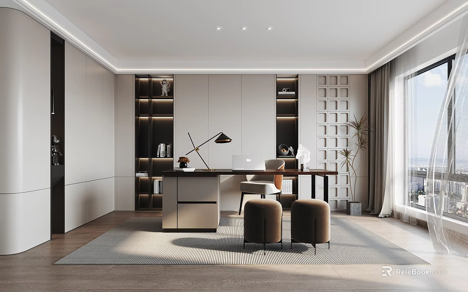 Modern Study Room Interior With Desk Shelves And Lighting 3d model