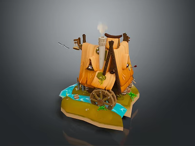 Whimsical Rural Scenery With Thatched Roof House Flowing River Water Wheel And Lush Grass 3d model