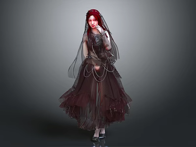 Game and Movie Character with Red Hair in Dark Layered Dress Veil Tulle Gothic Style 3d model