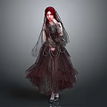 Game and Movie Character with Red Hair in Dark Layered Dress Veil Tulle Gothic Style