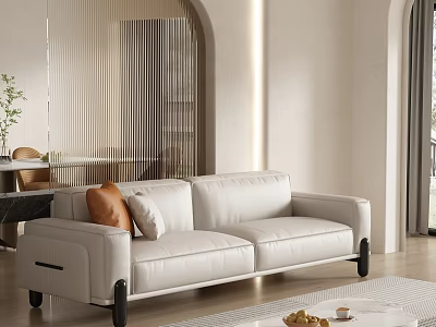 Modern White Leather Two Seater Sofa With Decorative Pillows In Bright Minimalist Living Space 3d model