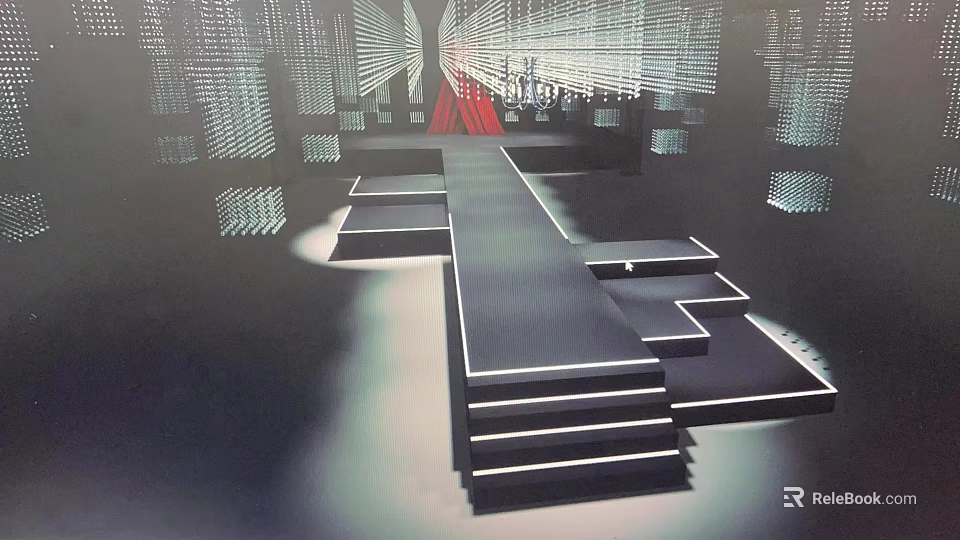 Modern Banquet Hall With Stage Red Carpet Geometric Steps And Lighting Decorations 3d model 