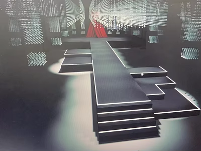 Modern Banquet Hall With Stage Red Carpet Geometric Steps And Lighting Decorations 3d model