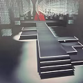 Modern Banquet Hall With Stage Red Carpet Geometric Steps And Lighting Decorations