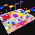 Colorful Umbrella Shaped Sculptures on Vibrant Square Patterned Floor with Black Background 3d model