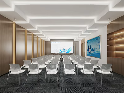 Modern Conference Room With White Chairs Large Screen Wooden Walls And Decorative Painting 3d model